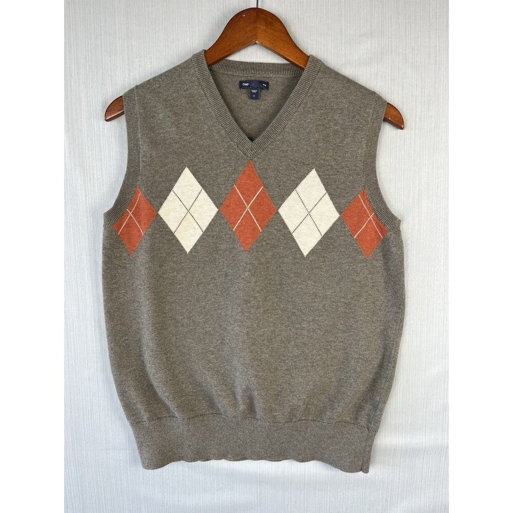 GAP Olive Brown V-Neck Argyle Sweater Vest with Cream & Rust Diamonds